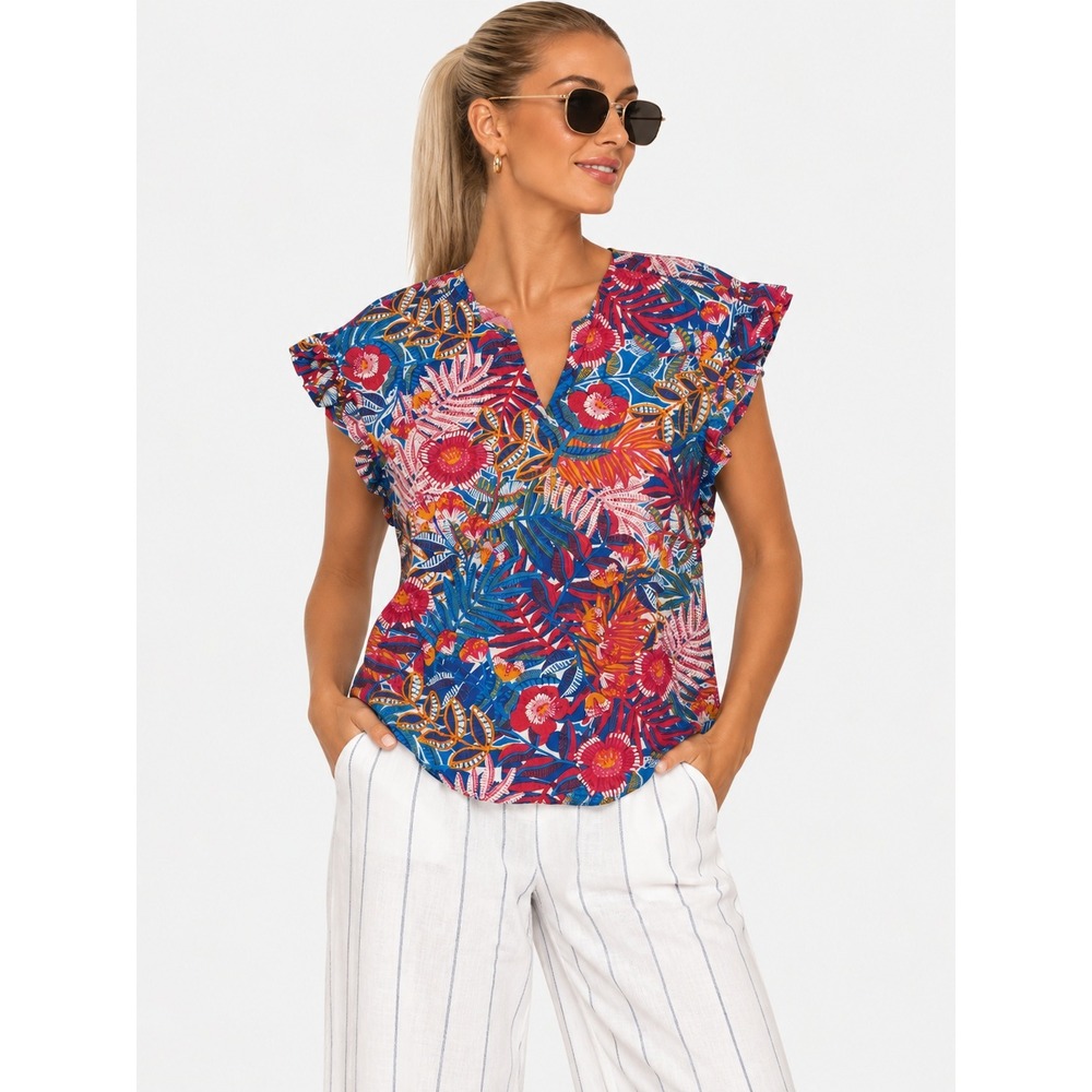 Ruby Rd Bright Blooms Tropical Floral Ruffle Sleeve Top 2X NWT